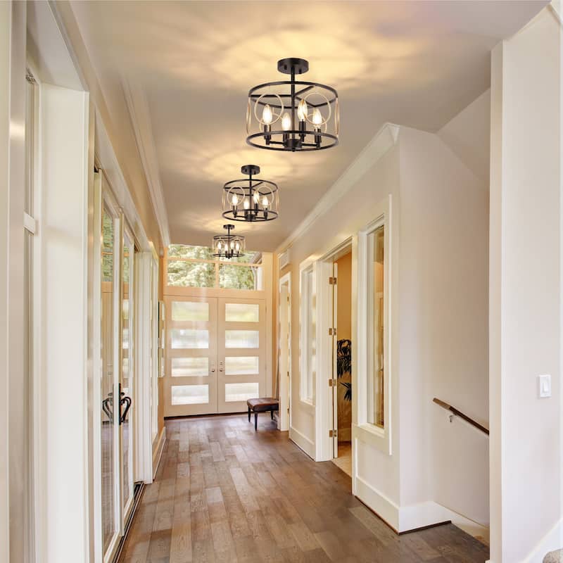 Zenith Modern Farmhouse 4-Light Drum Semi-flush Mount Black Gold Metal Lantern Foyer Kitchen Lights - D 13" x H 13.5"