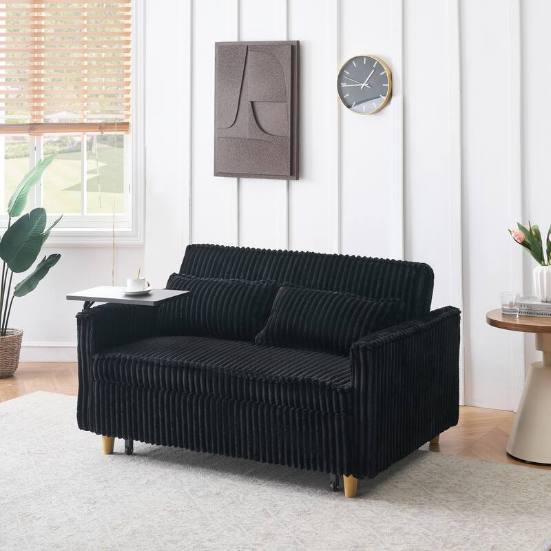 Dual-function Black Corduroy Pull-out Sofa with Movable Tabletop and USB Ports