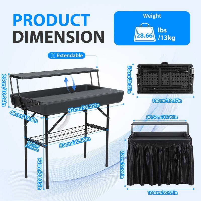 4 ft Folding Ice Table, Party Cooler, Fishing Table with Drain, Skirted Prep (Black)