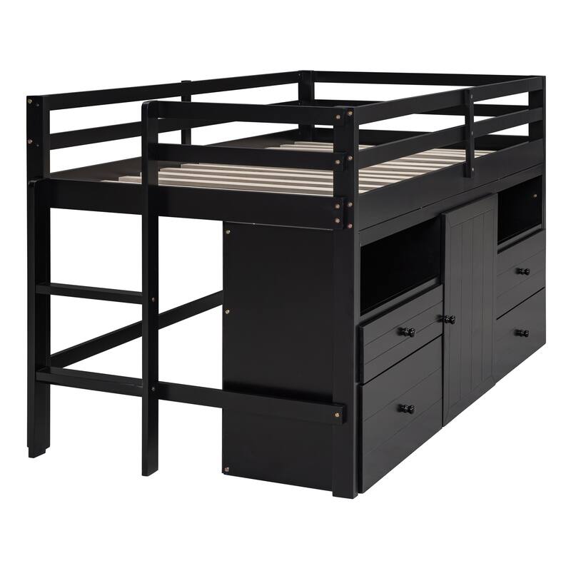 Espresso Twin Size Solid Wood Loft Bed with Drawers and Cabinet