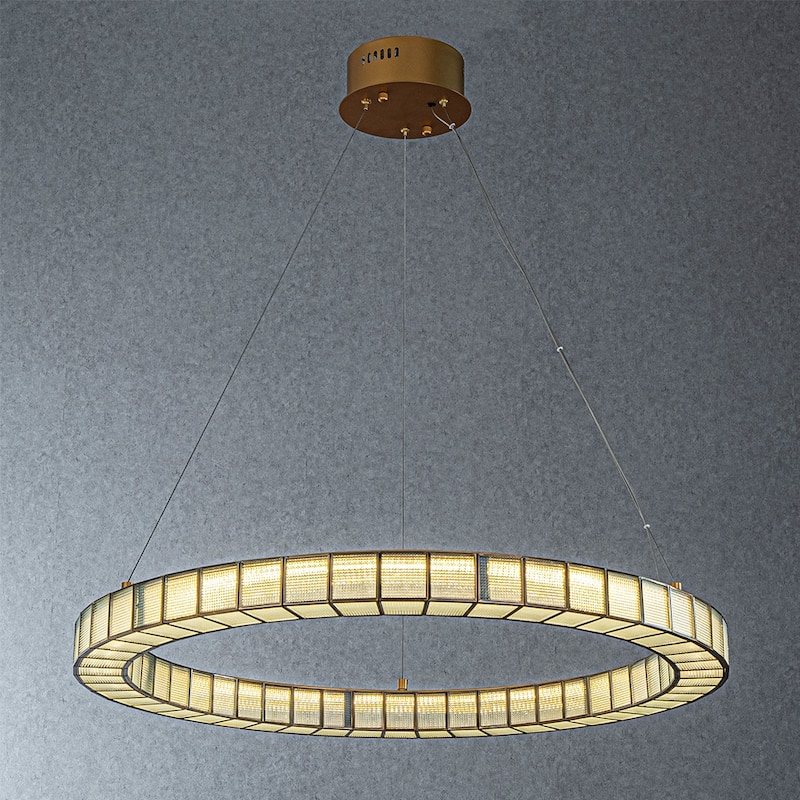 CraftHome 32'' Brass Modern Halo Round Art Glass Integrated Led Chandelier Art Deco Led Ceiling Light For Dining Room - W32'' - W32'' - Painted Brass