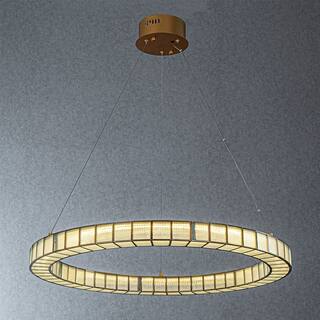 CraftHome 32'' Brass Modern Halo Round Art Glass Integrated Led Chandelier Art Deco Led Ceiling Light For Dining Room - W32''