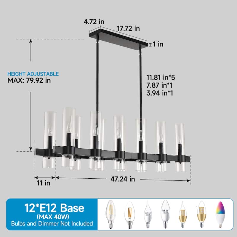 Black Chandelier Linear with Clear Glass Shade, 12-Lights Farmhouse Ceiling Hanging Fixture Over Table,NO INCLUDED BULBS