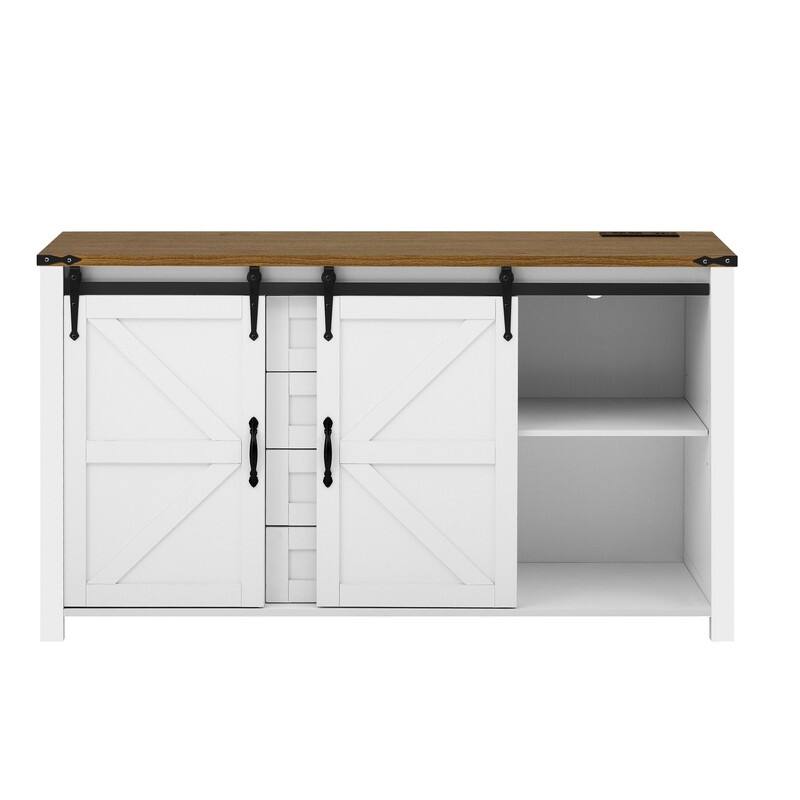 Farmhouse 55.1" Sideboard with Sliding Barn Doors and Storage Drawers, Wood Buffet Table with Power Outlet