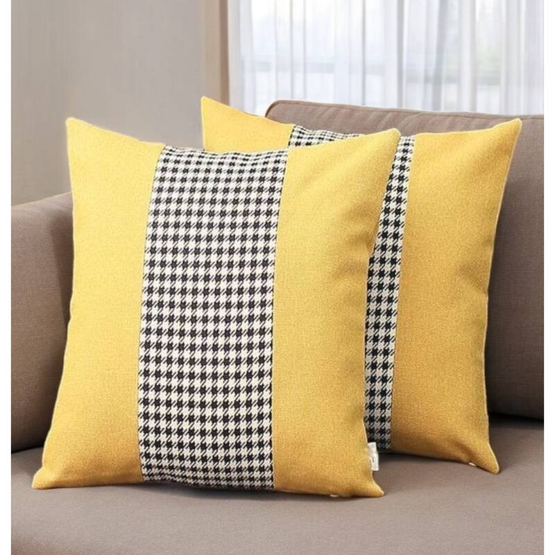 Set of Two 18" Yellow Black and White Houndstooth Fabric Throw Pillows - Yellow/White/Black