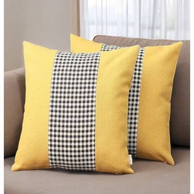 Set of Two 18" Yellow Black and White Houndstooth Fabric Throw Pillows
