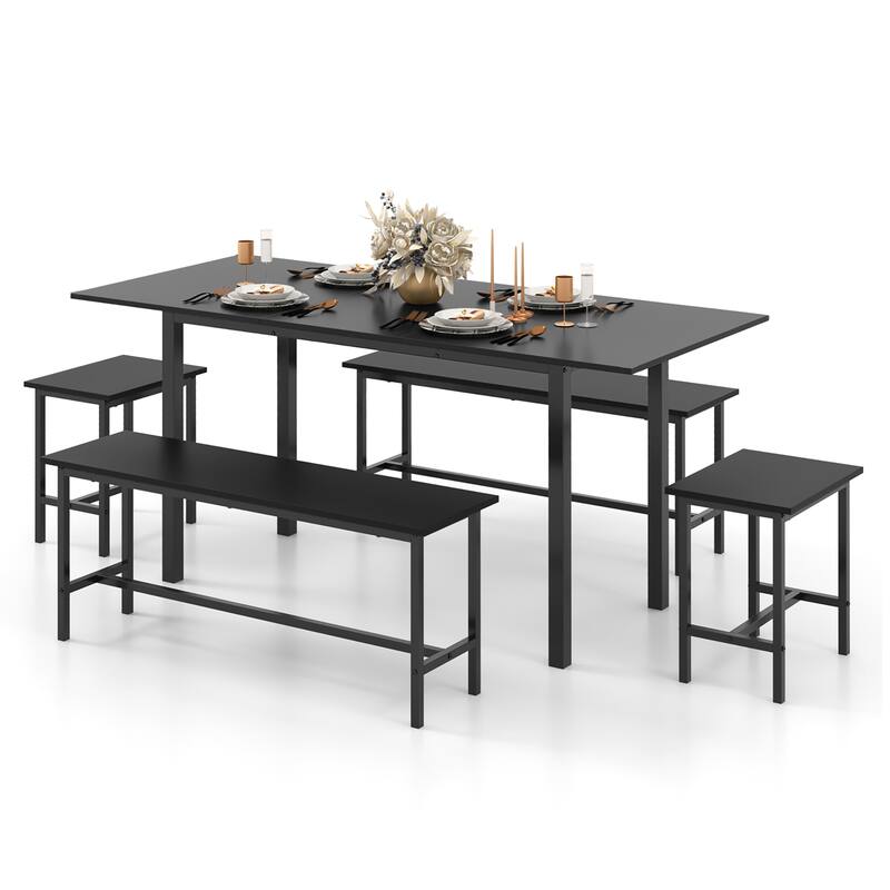 Gymax 5 PCS Dining Table Set for 4-6 w/ 2 Benches & 2 Stools Metal - Black