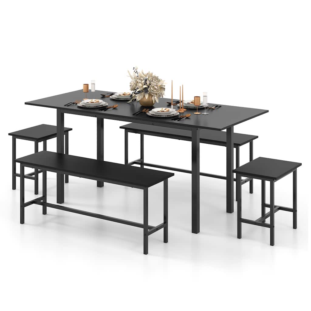 Gymax 5 PCS Dining Table Set for 4-6 w/ 2 Benches & 2 Stools Metal