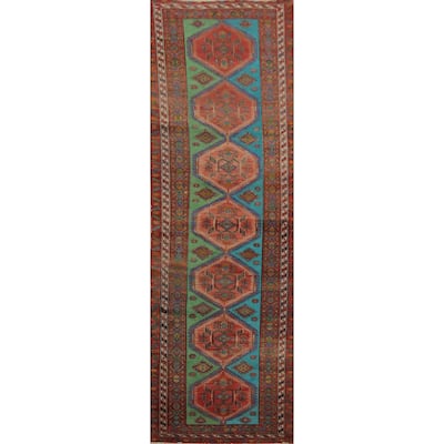 Hand Knotted Oriental 100% Wool Carpet Traditional Geometric Multi-Colored Heriz Runner Rug - 14' 1'' X 3' 9''