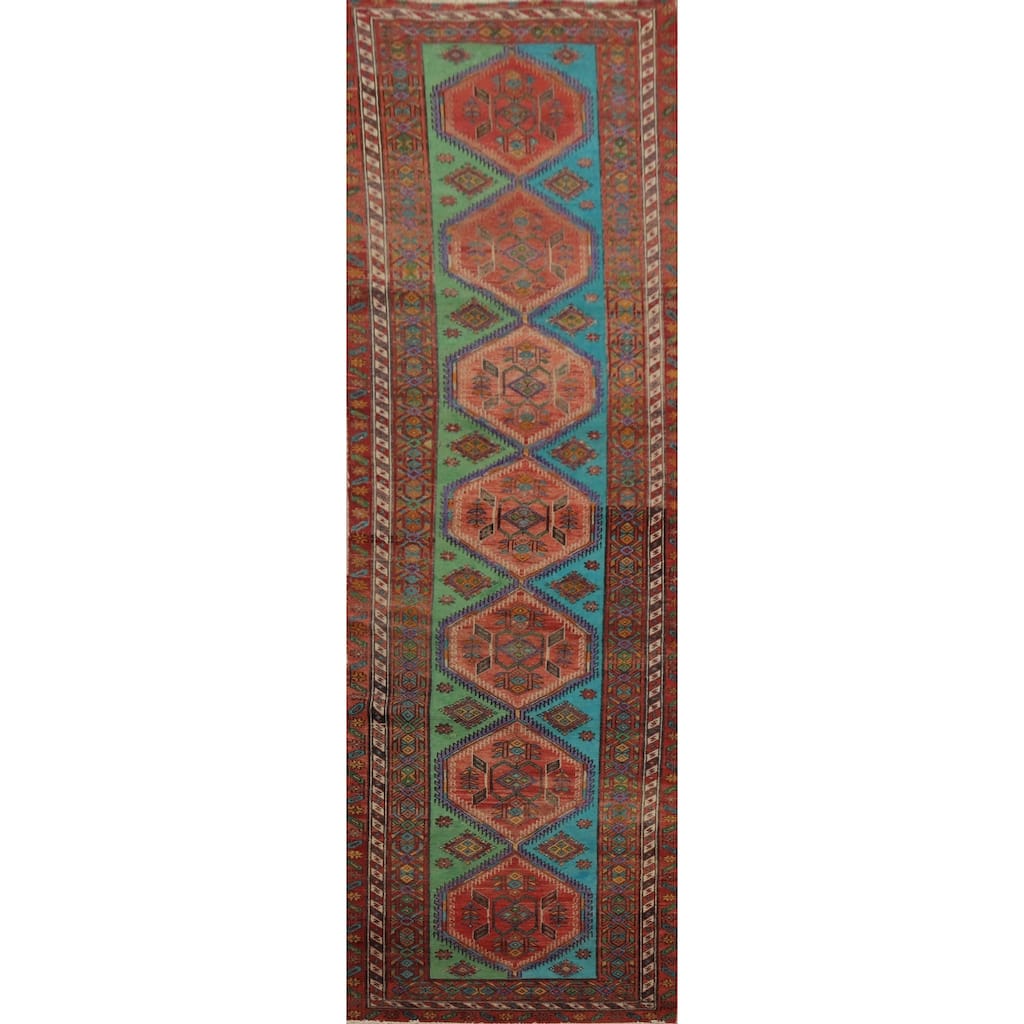 Hand Knotted Oriental 100% Wool Carpet Traditional Geometric Multi-Colored Heriz Runner Rug - 14' 1'' X 3' 9''