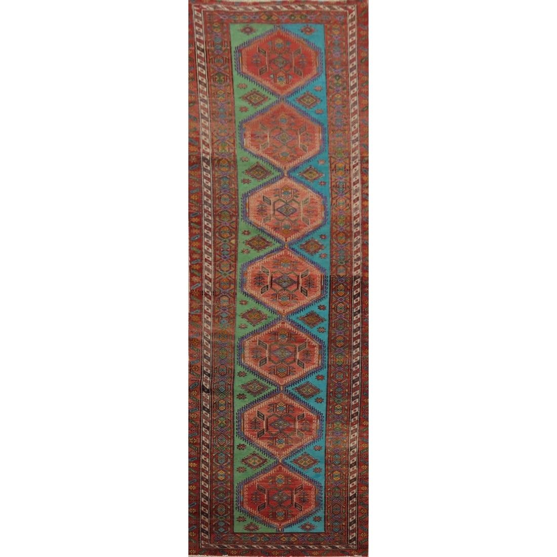 Hand Knotted Oriental 100% Wool Carpet Traditional Geometric Multi-Colored Heriz Runner Rug - 14' 1'' X 3' 9''