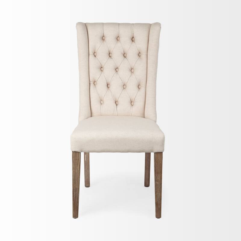 Cream Linen Tufted Wing Back Side Chair, Brown Wood Legs - 20.3” L x 22” W x 40.5” H - Cream-Brown