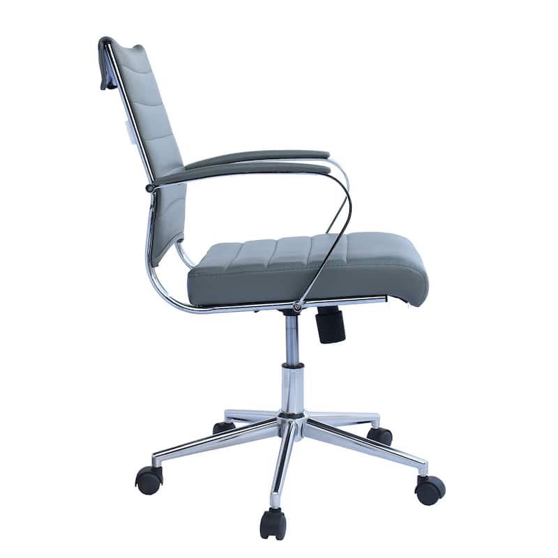 Gray Office Chairs Mid Back Ribbed PU Leather Black Executive Task Work Conference With Arms Wheels Tilt Swivel Rolling