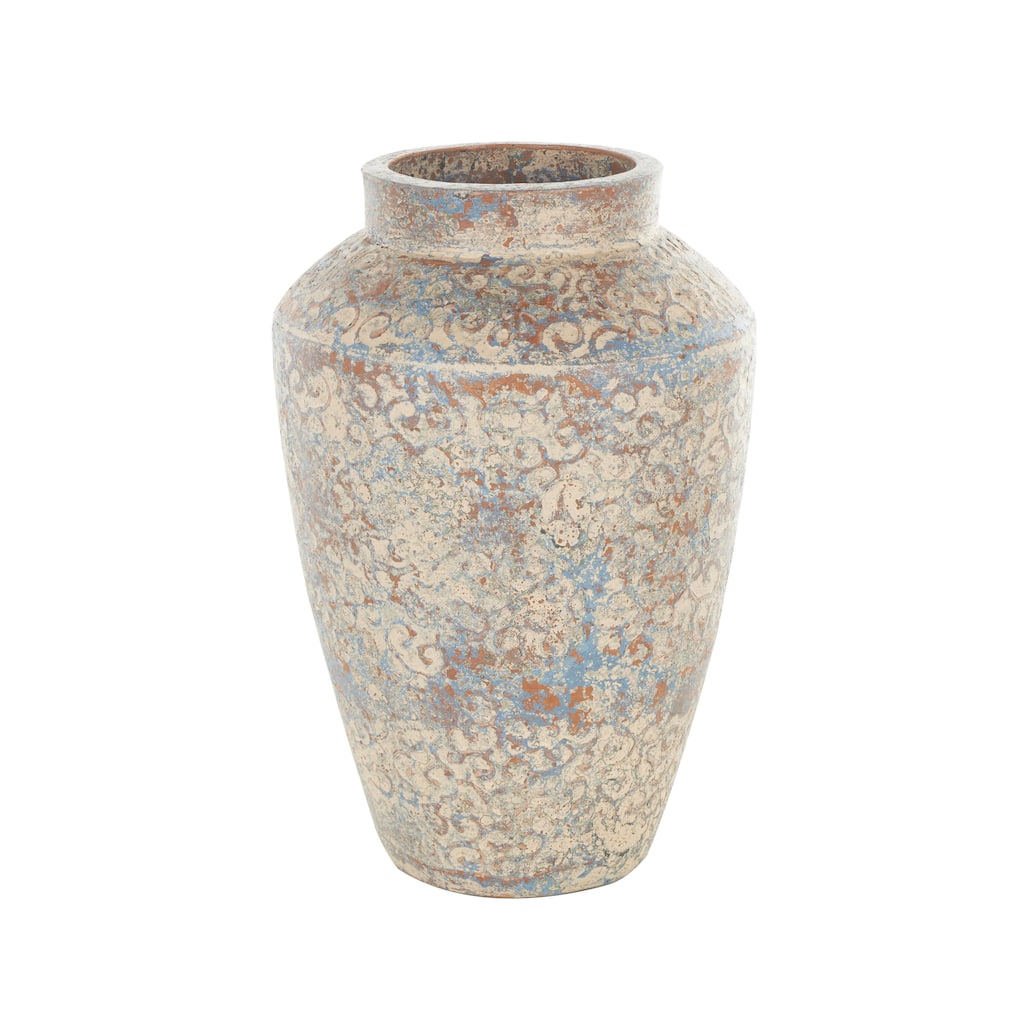 Ceramic Scroll Handmade Antique Style Decorative Vase with Blue and Copper Accents - Beige - Roche River Decor