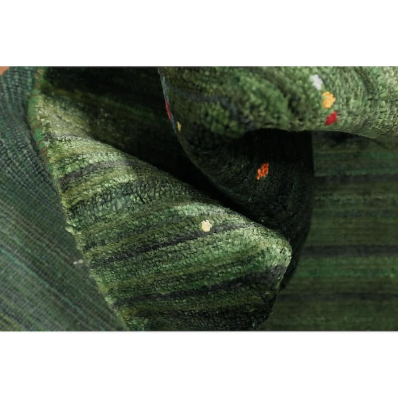 Hand Knotted Oriental Viscose Silk Carpet Tribal Animal Pictorial Green Gabbeh Runner Rug - 7' 6'' X 3' 0''