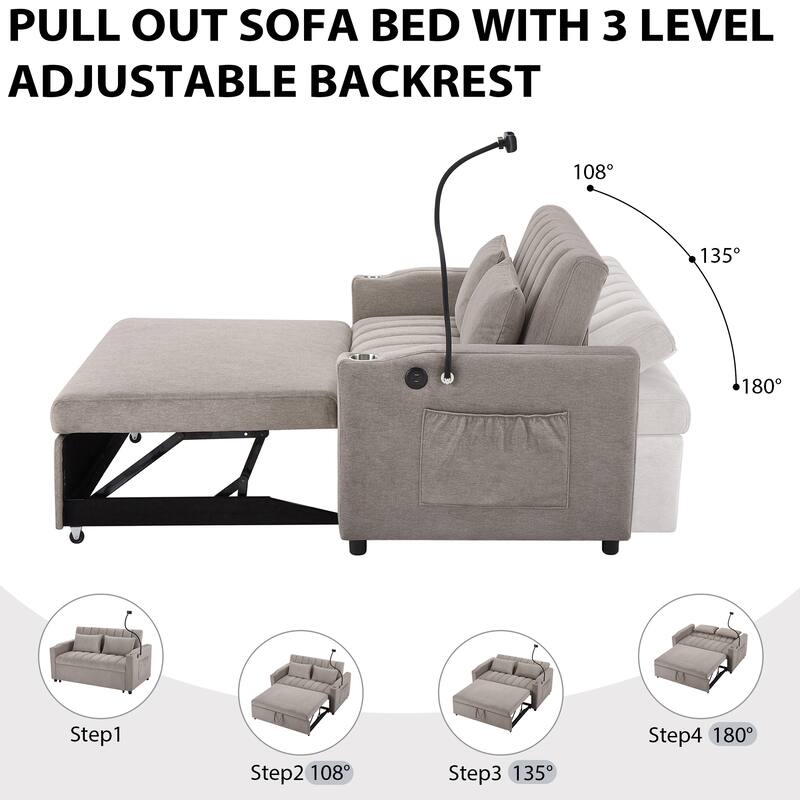 Modern Convertible Sofa Bed with 3 USB Ports, 2 Side Pockets, 2 Cup Holders and Phone Holder for Living Room and Apartment