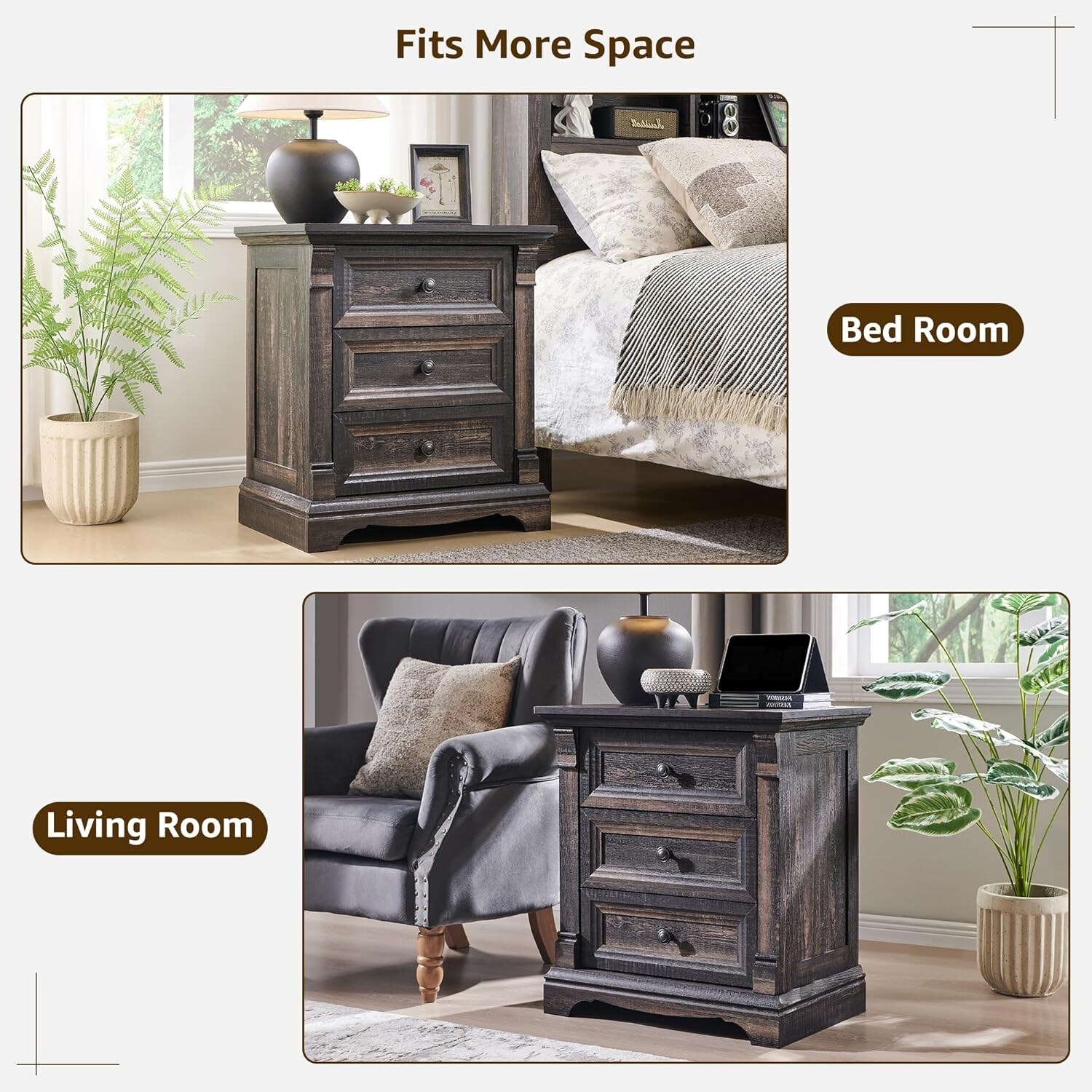 Farmhouse 3 Drawers Nightstand with Charging Station, Rustic End
