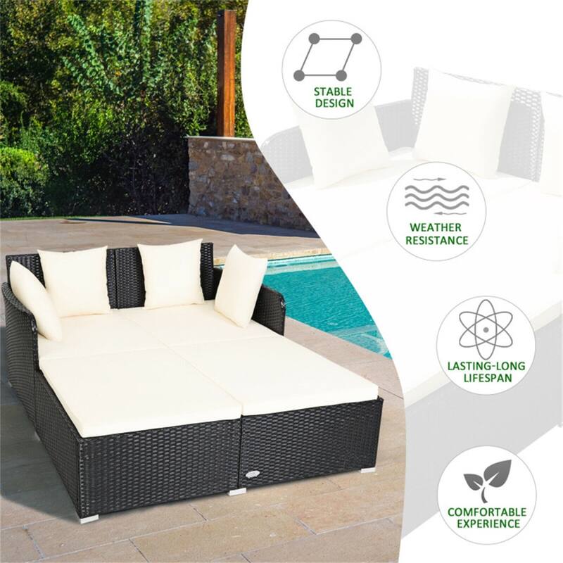 Outdoor Rattan Daybed with Cushions for Patio or Backyard - 61" x 52" x 27.5"