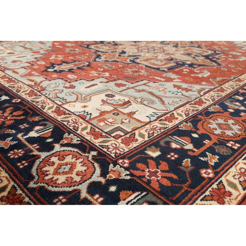 Geometric Heriz Serapi Indian Area Rug Handmade Orange Wool Carpet - 8'11"x 11'9"