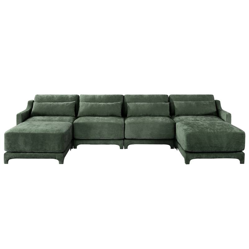 141.7" Chenille 4-Seater Sofa with Movable Ottoman & Solid Wood Frame