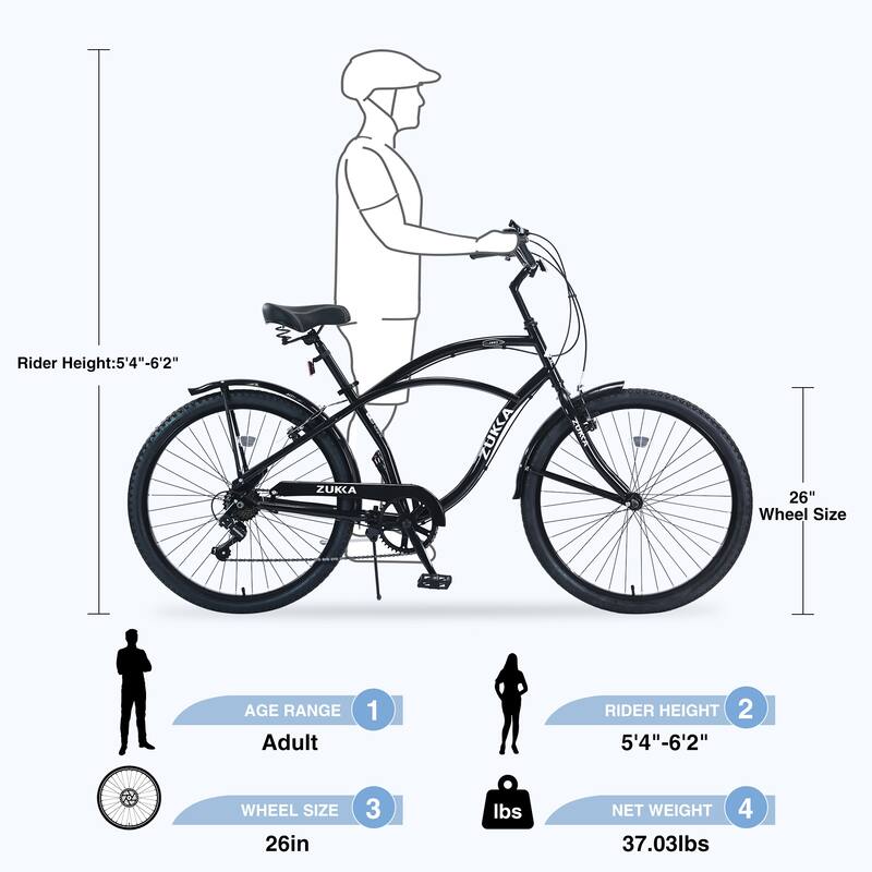 Beach Cruiser Bike, 26 Inch Commuter Bicycle, 7-Speed/Front & Rear Fenders, Comfortable City Bikes, Ergonomic Upright Design