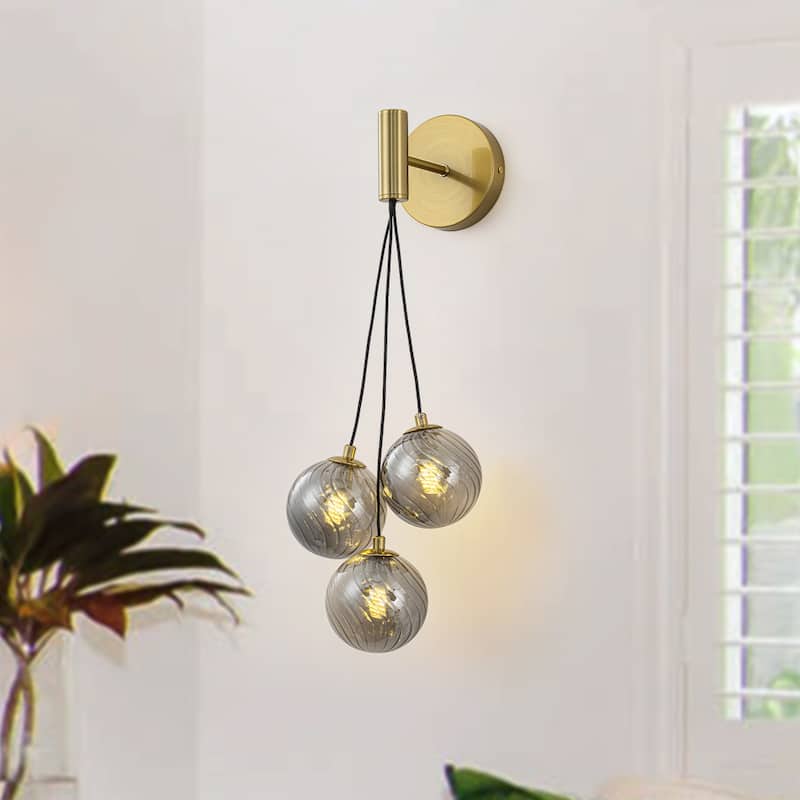 3-Light Modern Gold Metal Wall Sconce Glass Globe Shades - Smoke Gray Twisted Glass