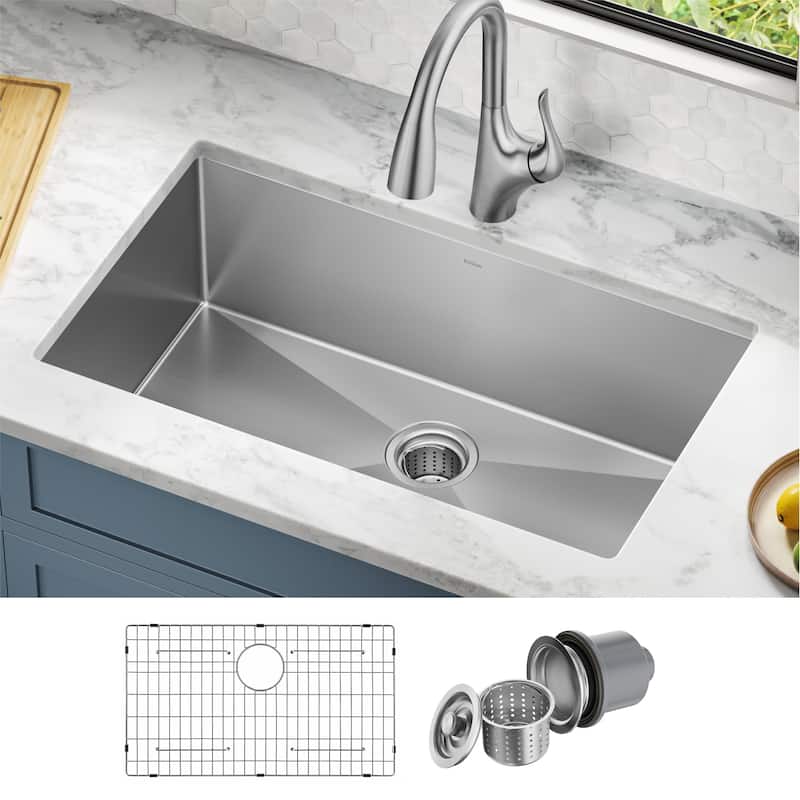 KRAUS Standart PRO Undermount Single Bowl Stainless Steel Kitchen Sink - 32 inch (32"L x 19"W x 10.38"D)