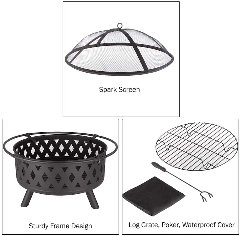 Pure Garden Wood Burning 32-inch Round Crossweave Outdoor Firepit Set - 32 x 32 x 24