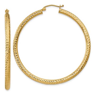 Curata 14k Yellow Gold Diamond-Cut 3x50mm Round Classic Hoop Earrings