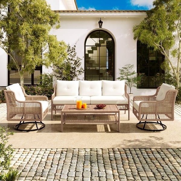 slide 2 of 10, 4-Piece Sectional Rattan Outdoor Conversation Set with Swivel Chairs Beige
