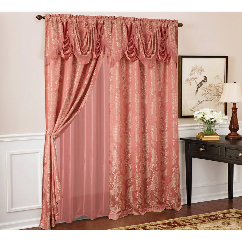 Rosalie Floral/Damask Textured Jacquard Single Rod Pocket Curtain Panel w/ Attached Valance - 54 x 84 in. - 54 x 84 in.
