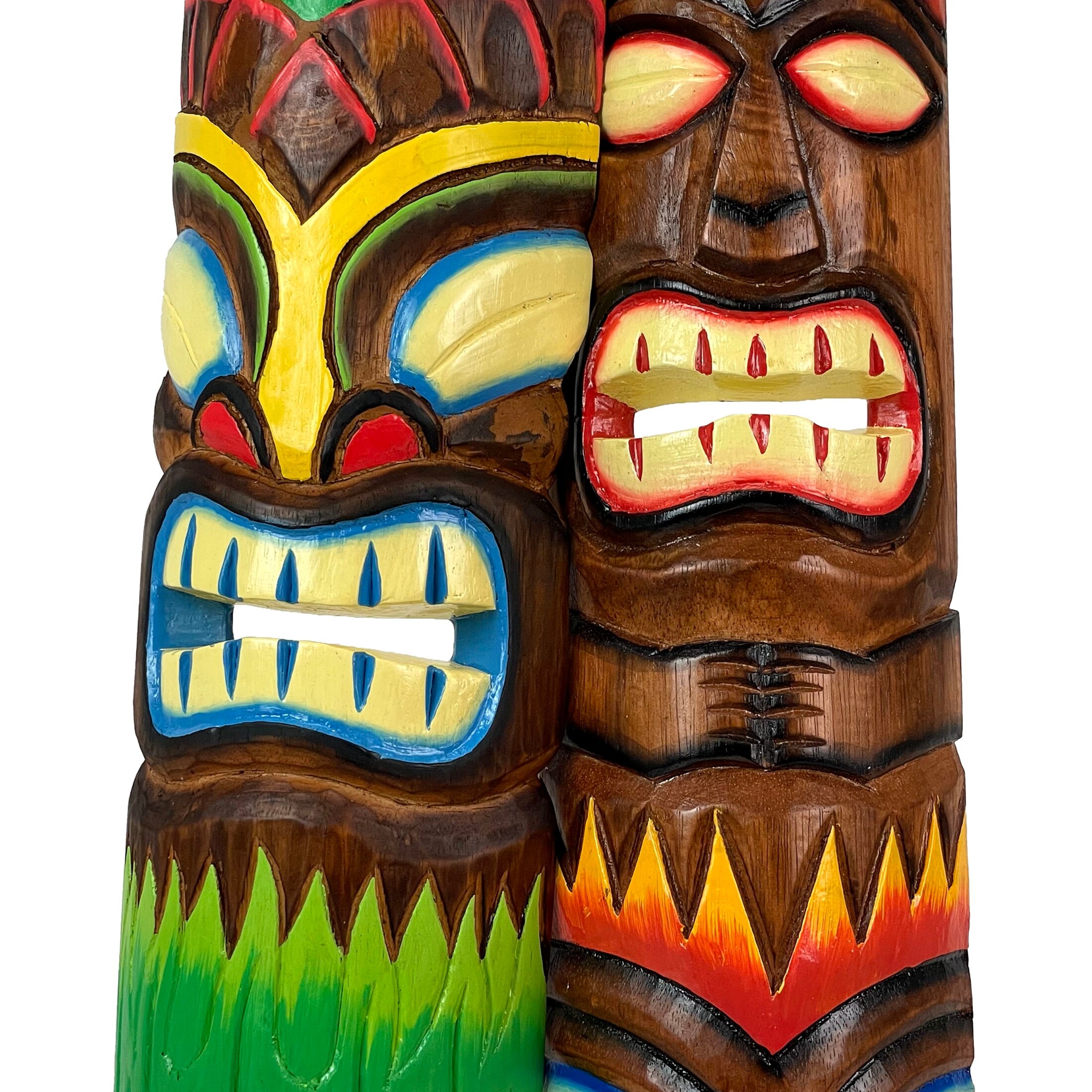 20 Inch Fire & Earth Carved Wood Tiki Totem Wall Dcor Masks (Set