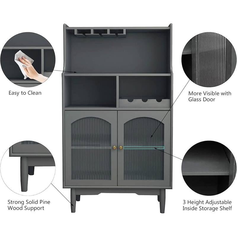 Sideboard Buffet Storage Cabinet with Removable Wine Rack, Glass Doors, Open Shelf & Drawer - 27.56“W
