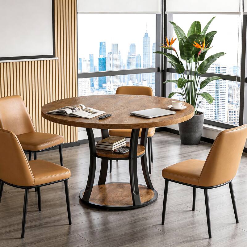39.37 Inch Round Conference Table with 2-Tier Storage Shelf and Metal Base for 4 People - 39.37" D x 39.37" W x 29.53" H