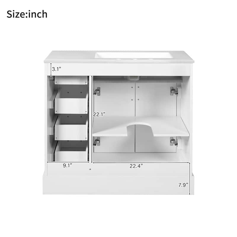 36"Elegant Bathroom Vanity with Ceramic Sink, Soft Closing Doors, 4 Durable Smooth Soft-close Drawers, 1 Adjustable Shelf