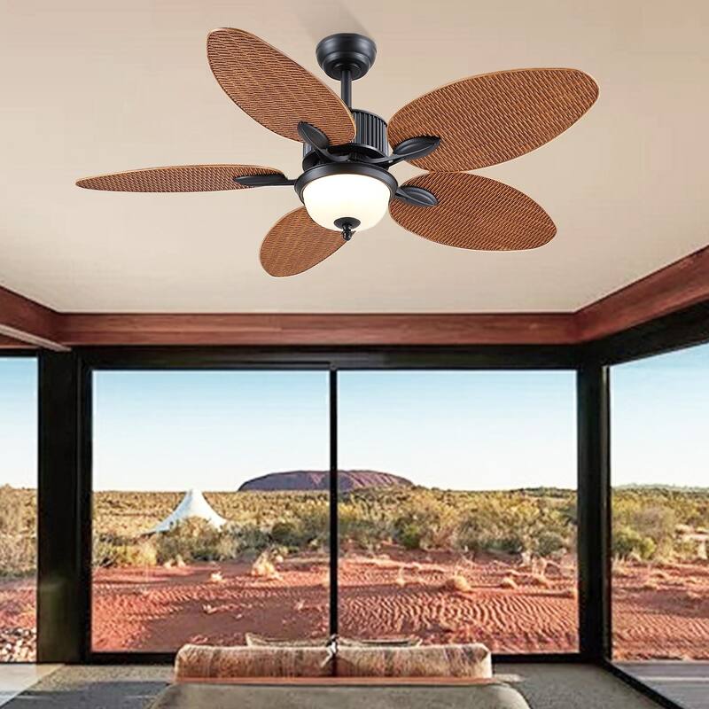 50 Inch Tropical Ceiling Fan with Palm Leaf Blades Glass Cover Remote Control Waterproof for Farmhouse Indoor and Outdoor Patio
