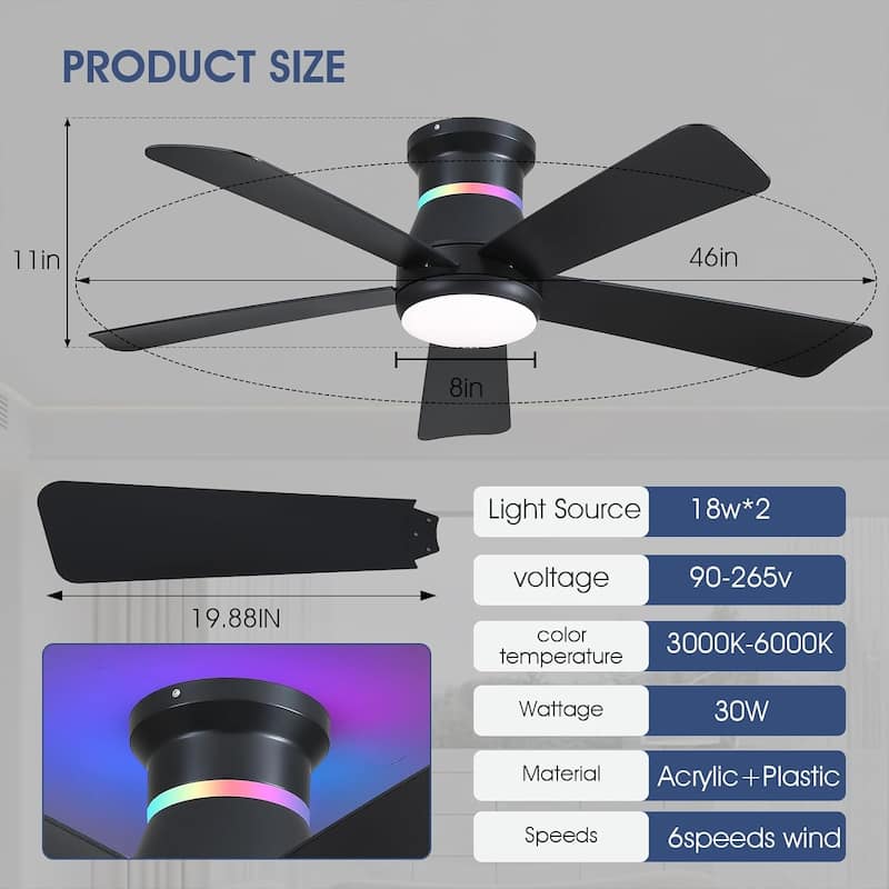 52 Inches RGB Flush Mount Ceiling Fan with Light and Remote,DC Motor,for Living Room Bedroom - 52 Inches