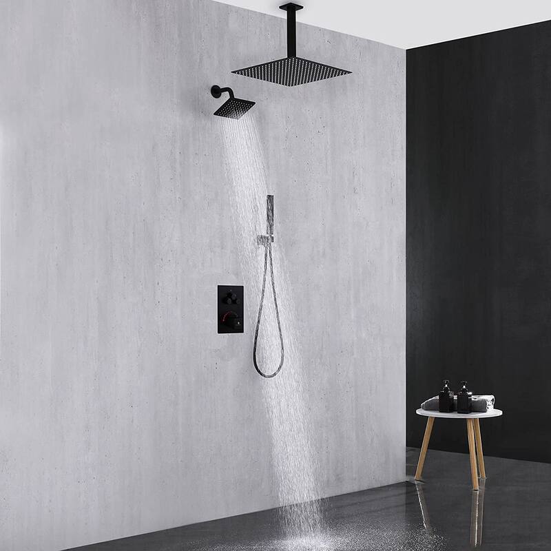 Dual Heads 12" LED Rainfall & High Pressure 6" Shower System w/ Thermostatic Faucet - Matte Black - Matte Black