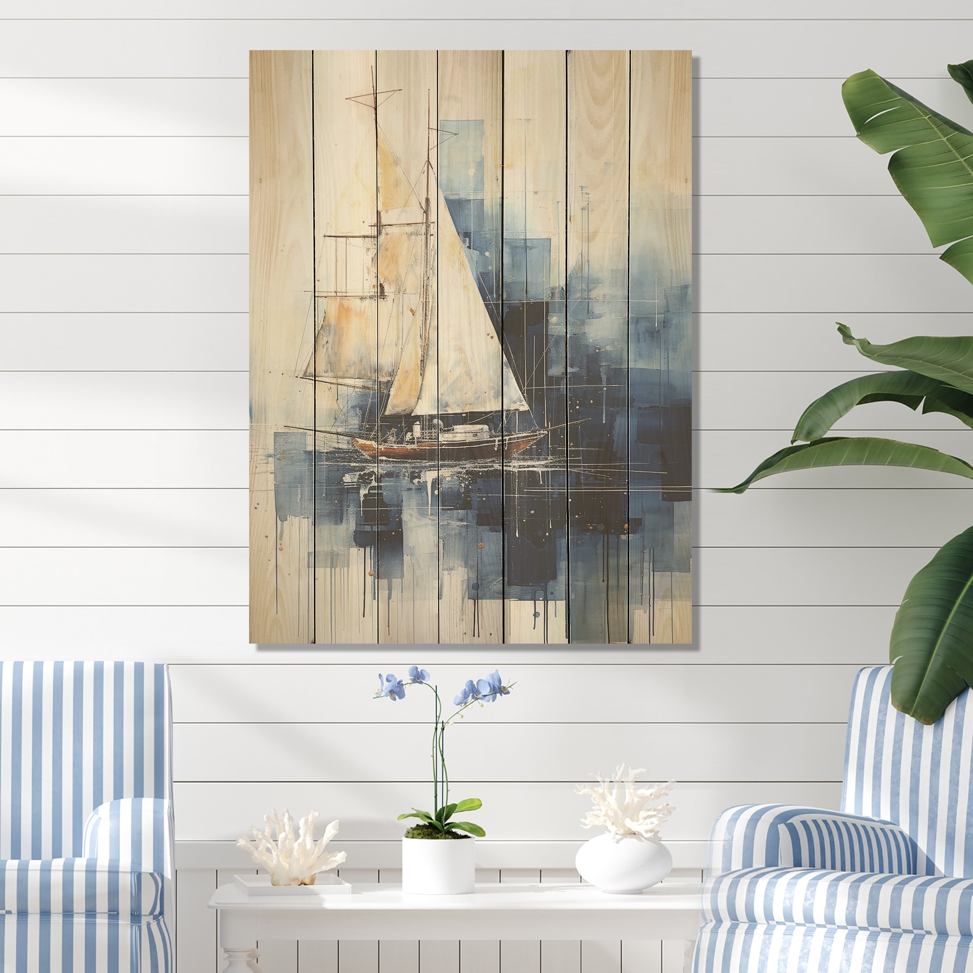 Designart "Blue And White Nautical Geometry Boat" Coastal Minimalism Wood Wall Art Print on Natural Pine Wood