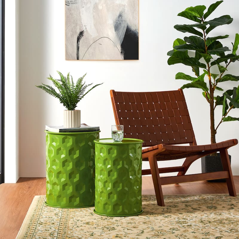 Glitzhome Set of 2 Glossy Black Metal Outdoor Table Accent Stool - 14.25"W x 14.25"D x 18.75"H
