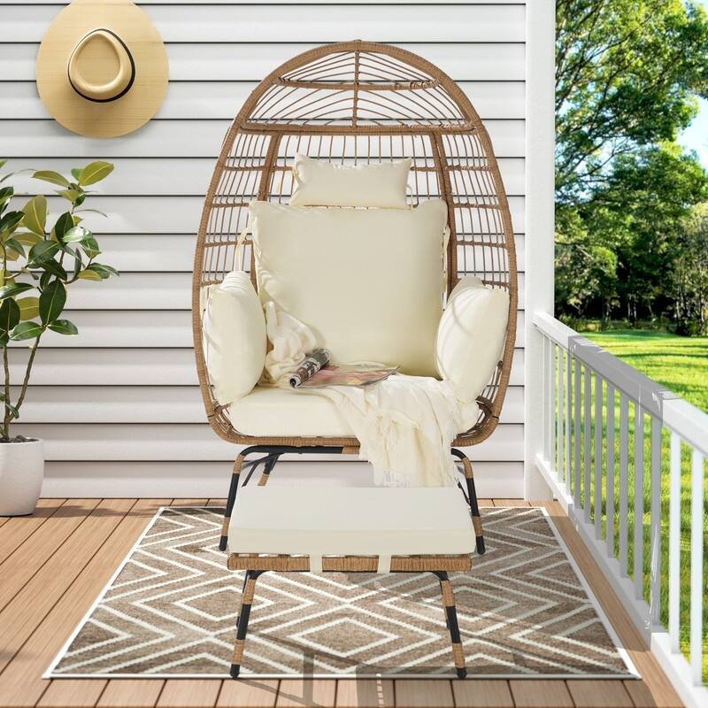 Wicker Egg Chair with Ottoman, Oversized Indoor Outdoor Lounger for Patio, Backyard, Living Room - Beige