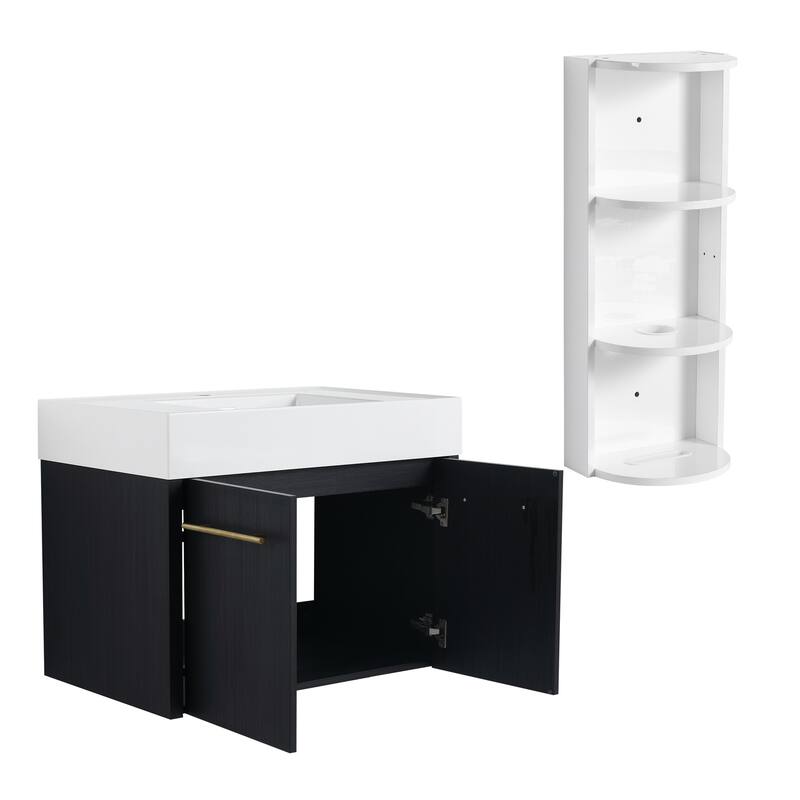 Wall mounted bathroom vanity with sink and storage shelf