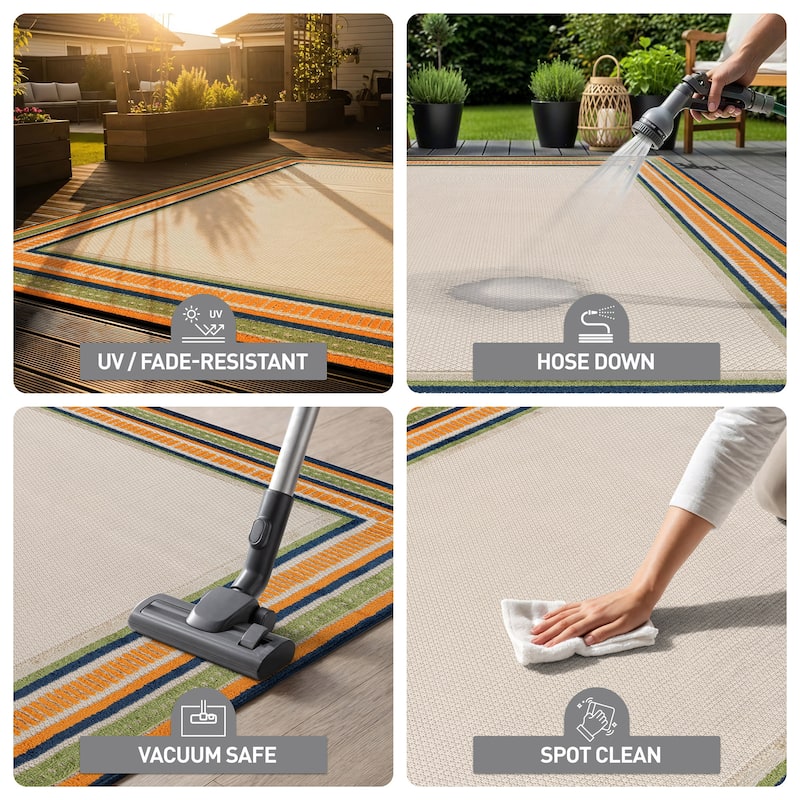 World Rug Gallery Indoor/Outdoor High-Low Textured Area Rug, Coastal Border Easy-Clean Patio Rug