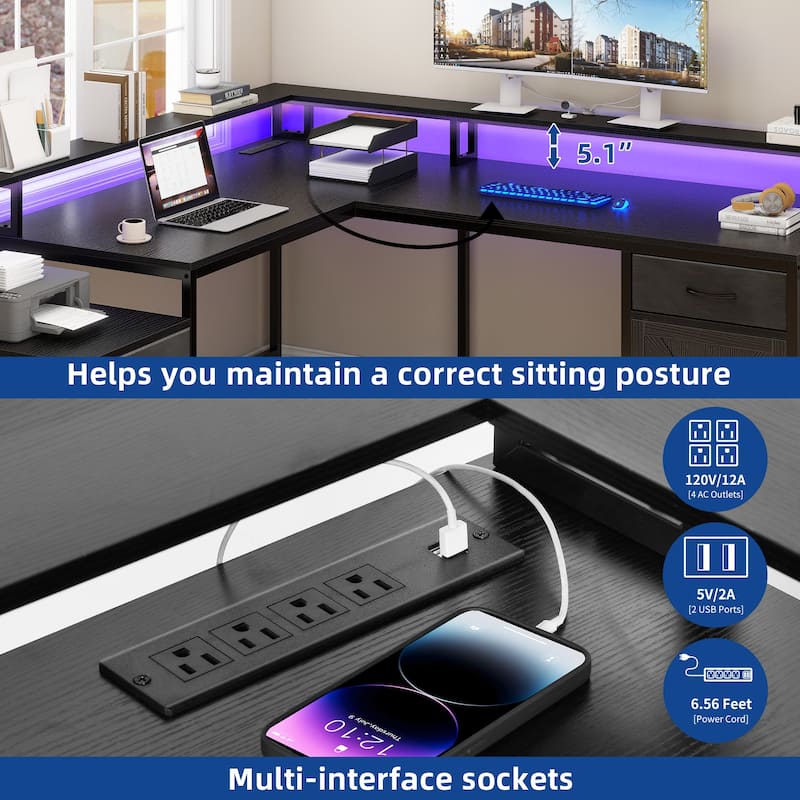 Moasis 63" Corner L Shaped LED Computer Desk with Drawers & Power Outlets