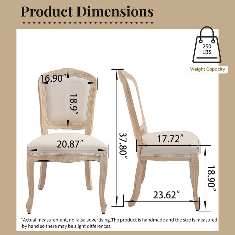 Cotton Linen Dining Chairs Set of 2, Upholstered Armless Side Chair, Kitchen Chairs with Fan-Shaped Back & Solid Wood Legs