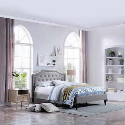 Queen Size Platform Bed with Metal Base Legs and Wood Slat Support, Upholstered Wingback Bed Frame with Tufted Button Headboard
