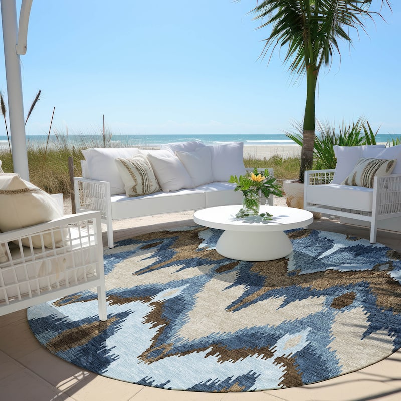 Machine Washable Indoor/ Outdoor Chantille Boho Ikat Rug - Blue - 8' x 8'