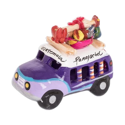 Novica Handmade Purple Market Bus Mini Ceramic Sculpture