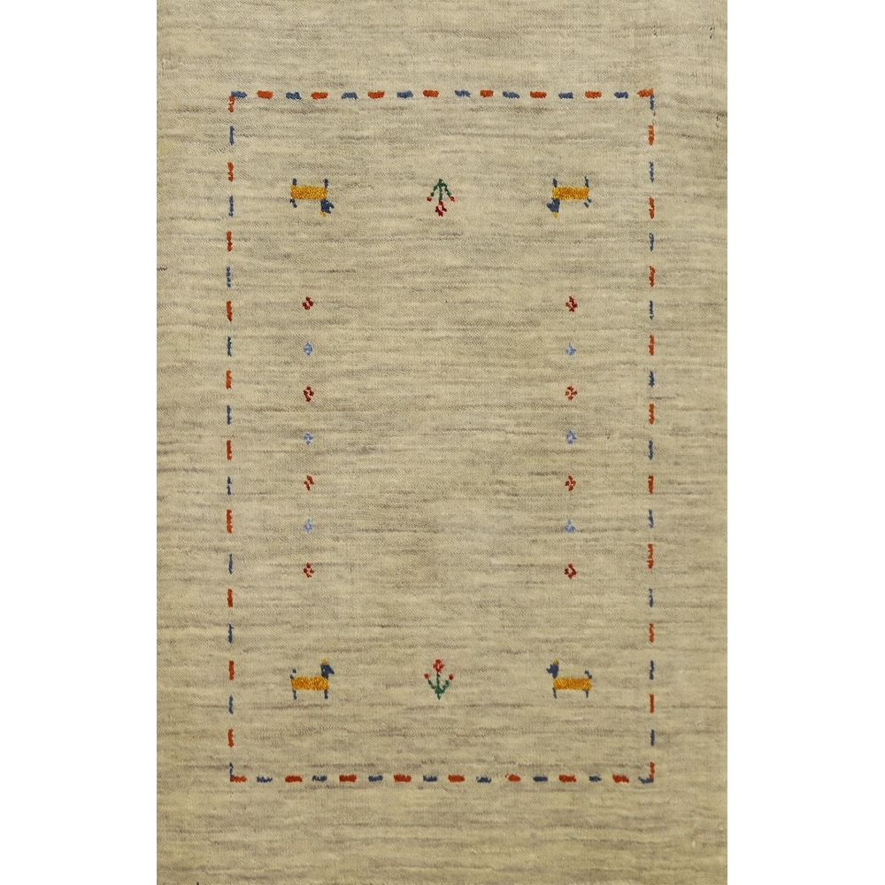 Hand Knotted Oriental 100% Wool Carpet Tribal Animal Pictorial Beige & Ivories Gabbeh Area Rug - 3' 0'' X 2' 0''