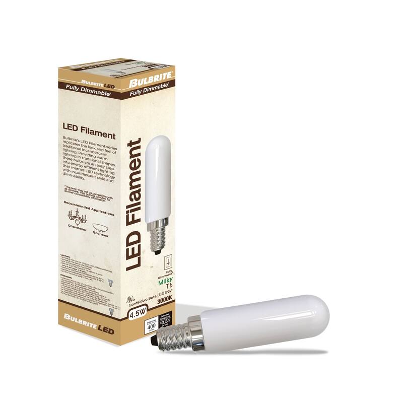 Bulbrite LED Filament Pack of (4) 4.5 Watt Dimmable T6 Light Bulbs with a Milky Finish and Candelabra (E12) Base